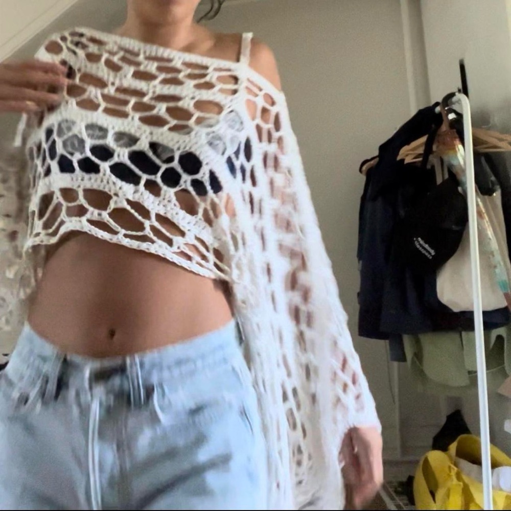 White Crochet Open-Knit Sweater - Picture 2 of 8